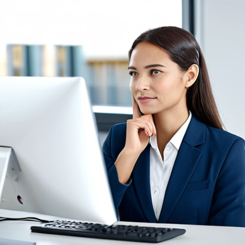 Home 4 A professional female customer service representative in a modest business suit, fully clothed, appropriate attire, sitting at an ergonomic desk in a bright, modern open-plan office. She is engaged in active listening, with a calm and empathetic expression, natural pose. The background features blurred colleagues and subtle technological elements. Professional studio lighting, high resolution, detailed, professional photography, perfect anatomy, correct proportions, well-formed hands, proper finger count, natural body proportions, safe for work, appropriate content, family-friendly.