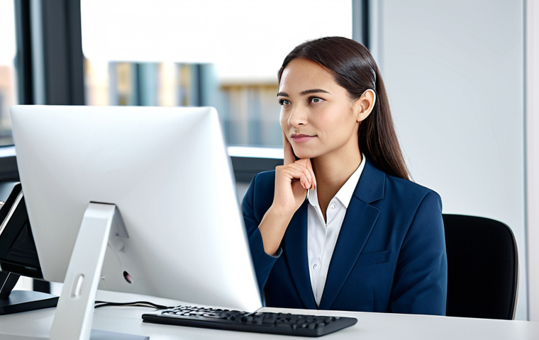 A professional female customer service representative in a modest business suit, fully clothed, appropriate attire, sitting at an ergonomic desk in a bright, modern open-plan office. She is engaged in active listening, with a calm and empathetic expression, natural pose. The background features blurred colleagues and subtle technological elements. Professional studio lighting, high resolution, detailed, professional photography, perfect anatomy, correct proportions, well-formed hands, proper finger count, natural body proportions, safe for work, appropriate content, family-friendly.