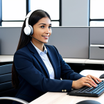 **

A professional female customer service representative in a modest business casual outfit, sitting at a modern desk with a headset, assisting a customer via video call. The background shows a clean and organized office environment. Fully clothed, appropriate attire, safe for work, perfect anatomy, natural proportions, professional.

**