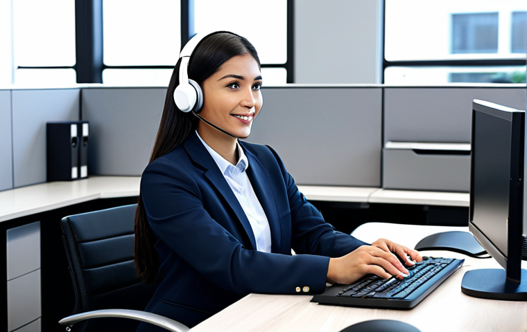 **
A professional female customer service representative in a modest business casual outfit, sitting at a modern desk with a headset, assisting a customer via video call. The background shows a clean and organized office environment. Fully clothed, appropriate attire, safe for work, perfect anatomy, natural proportions, professional.
**