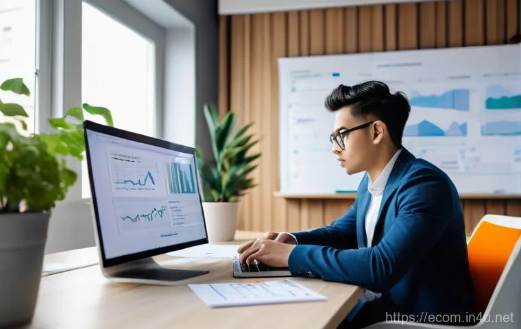 전자상거래 자격증 취득 후 현업에서 배운 교훈 - **Subject:** A young professional, male or female, in smart-casual attire.
**Action:** In the fo...